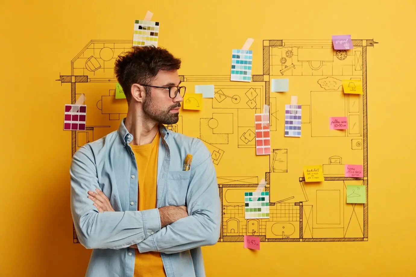 Ein ernsthafter junger Mann steht neben einer Entwurfsskizze eines Hauses, das für eine Renovierung bereit ist.