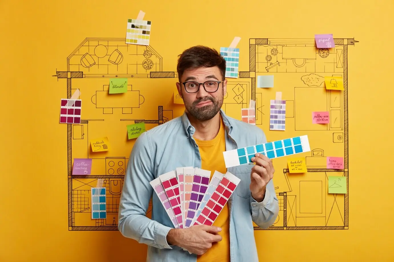 Zögerlicher bärtiger Maler wählt eine Farbe aus Farbmustern.